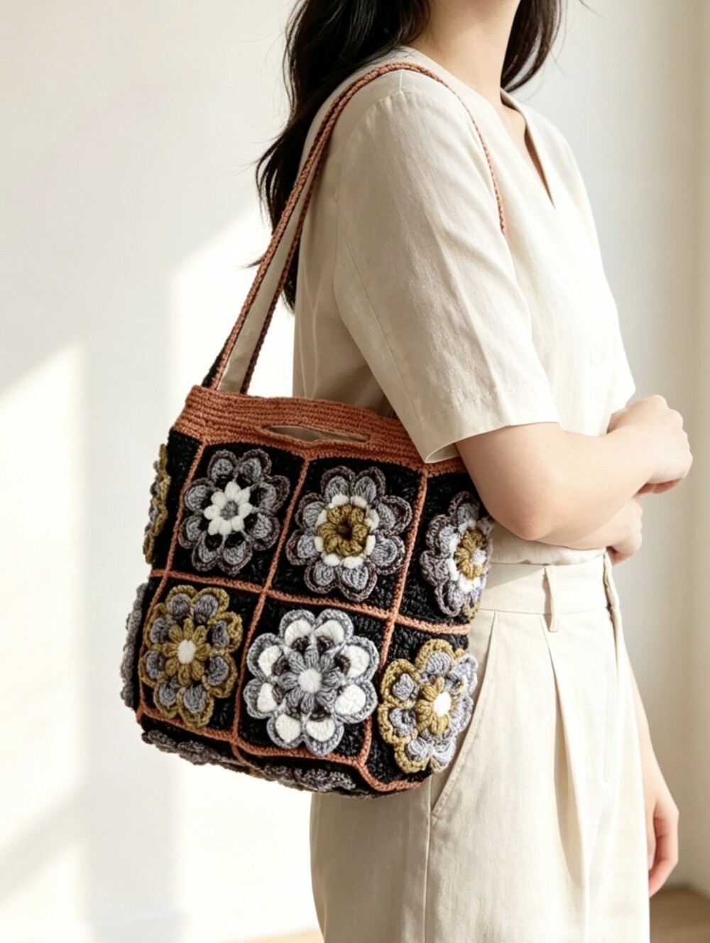 Handmade Crochet Floral Crossbody Bag - Peach Multicolor